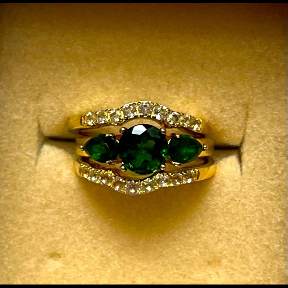 JTV Chrome Diopside & White Topaz 3 Piece Ring Set 18K Gold over Sterling Silver